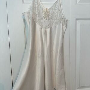 Satin Lace-Trim beaded Slip Chemise in white